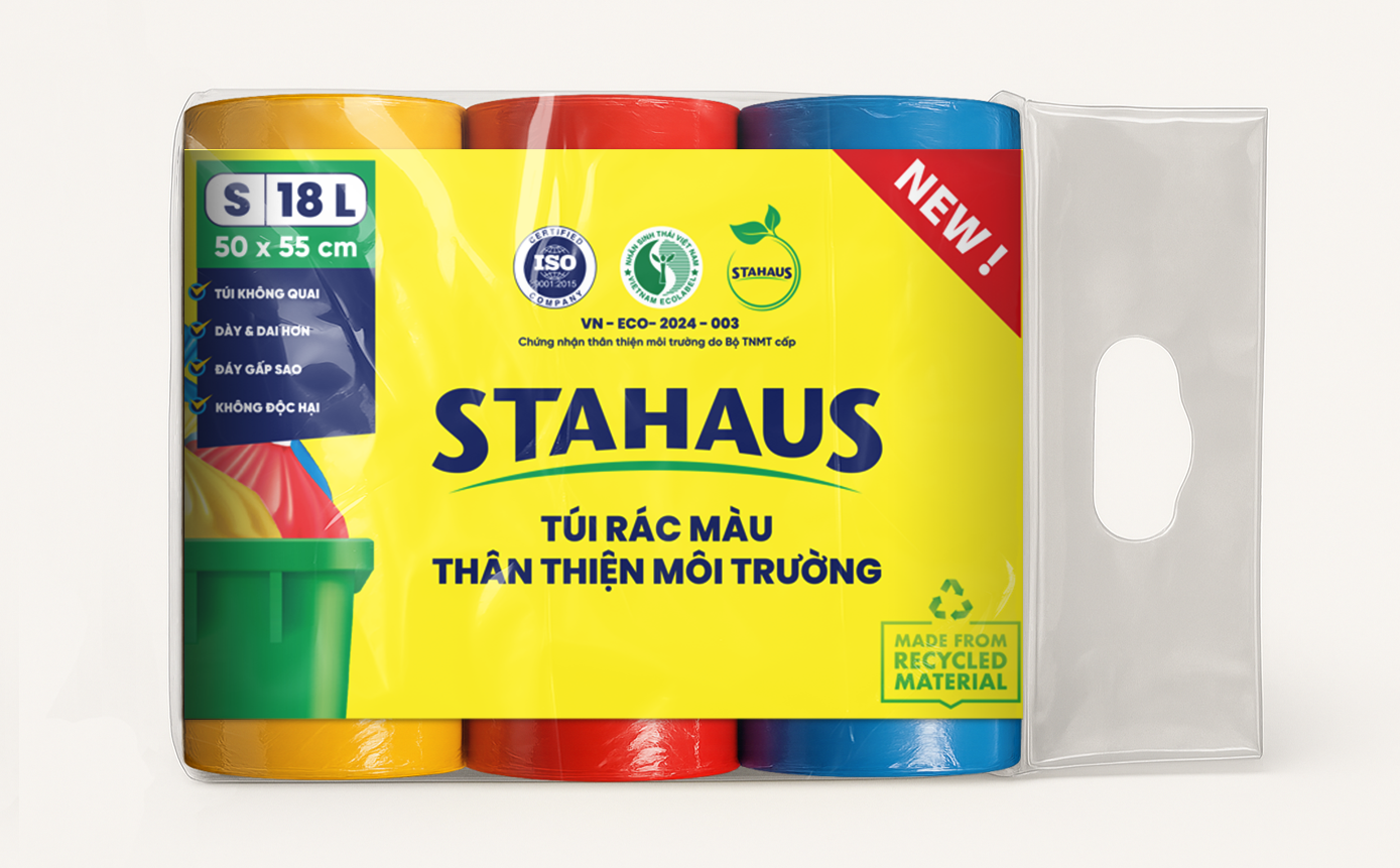 Túi rác TTMT Stahaus (xanh, hồng, vàng) size S 50x55cm (18L) 3 cuộn/ 1kg